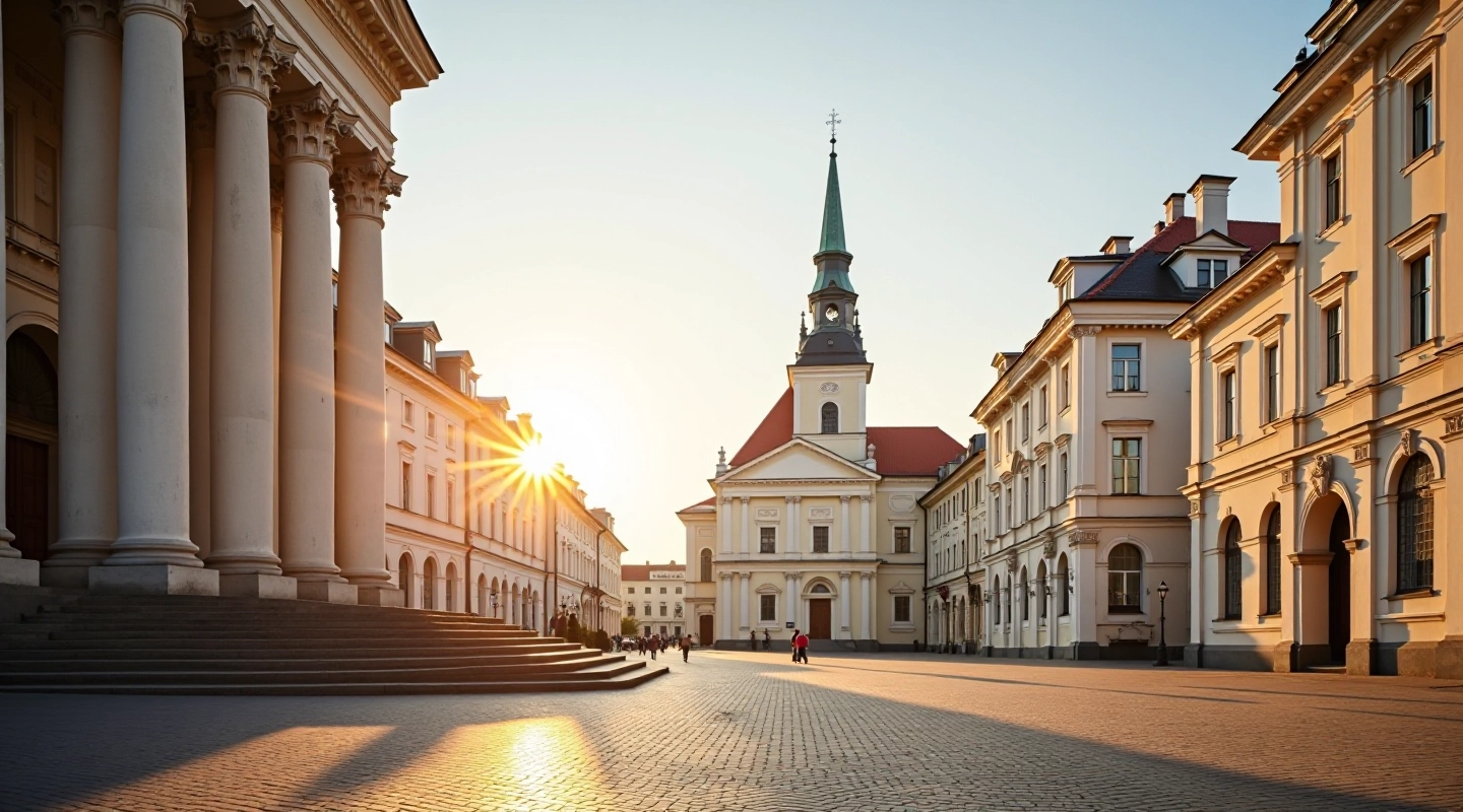 zahrasaad katedra ryto šviesa, baltų kolonų fasadas, aikštė priešais