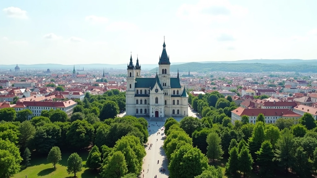 zahrasaad panorama iš aukštai, katedra centre, pilis šone, žalios parko vietos